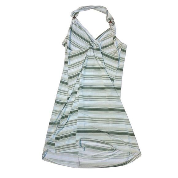 Vtg Vanity Made in USA Sz Medium Large Stretchy Halter Neck Green Striped Dress - Picture 1 of 5